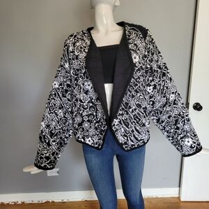 Handmade Quilted Style Blazer in Black & White Floral, VGUC, Approximate Size L